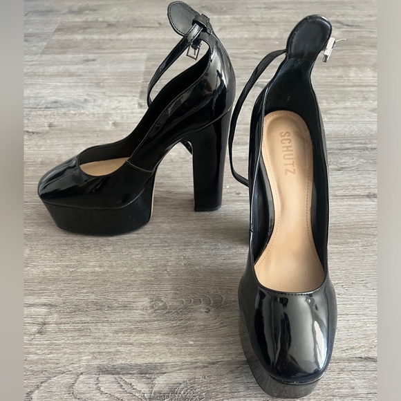 schutz black strappy heels